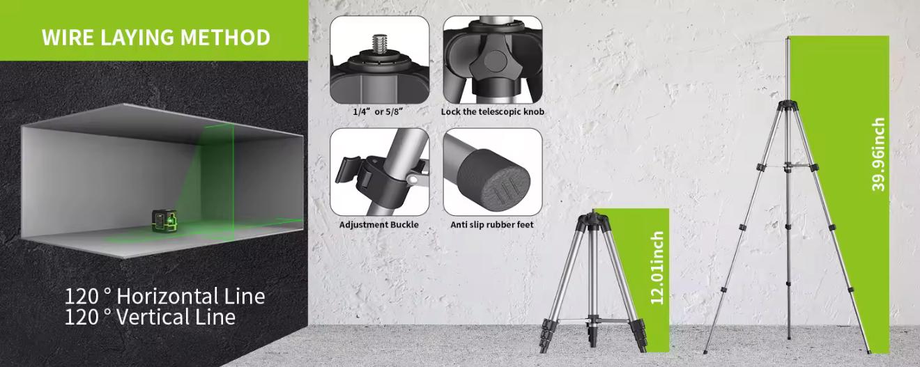 L-FINE Kreuzlinienlaser mit Stativ – 2 Linien (Grün), Selbstnivellierend, USB-Aufladung
