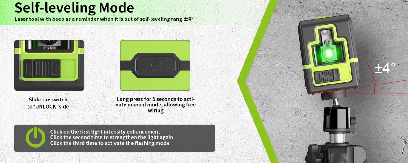 L-FINE Kreuzlinienlaser mit Stativ – 2 Linien (Grün), Selbstnivellierend, USB-Aufladung