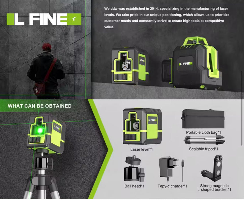 L-FINE Kreuzlinienlaser mit Stativ – 2 Linien (Grün), Selbstnivellierend, USB-Aufladung